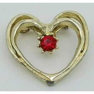 Double Heart Brooch Pin Ruby Red Rhinestone Gold Tone Metal Vintage Shiny!